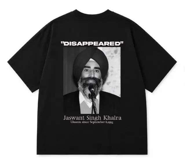 Black oversized T-shirt back with Disappeared Jaswant Singh Khalra portrait graphic