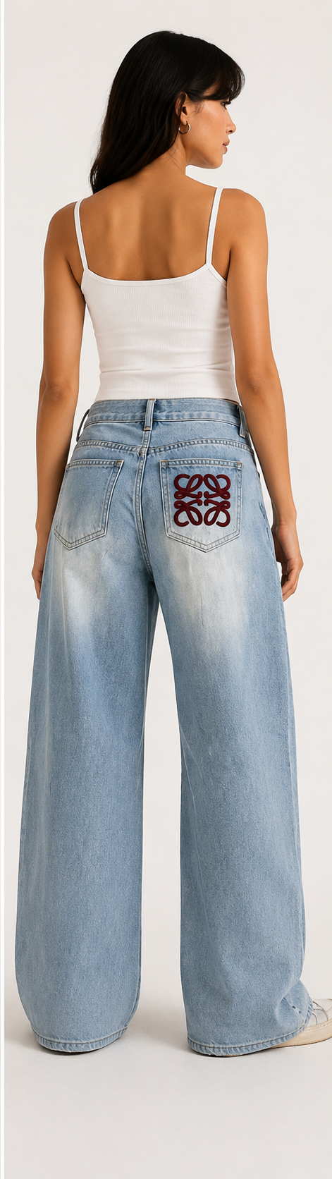 Women Monogram Pocket Light-Wash Baggy Jeans