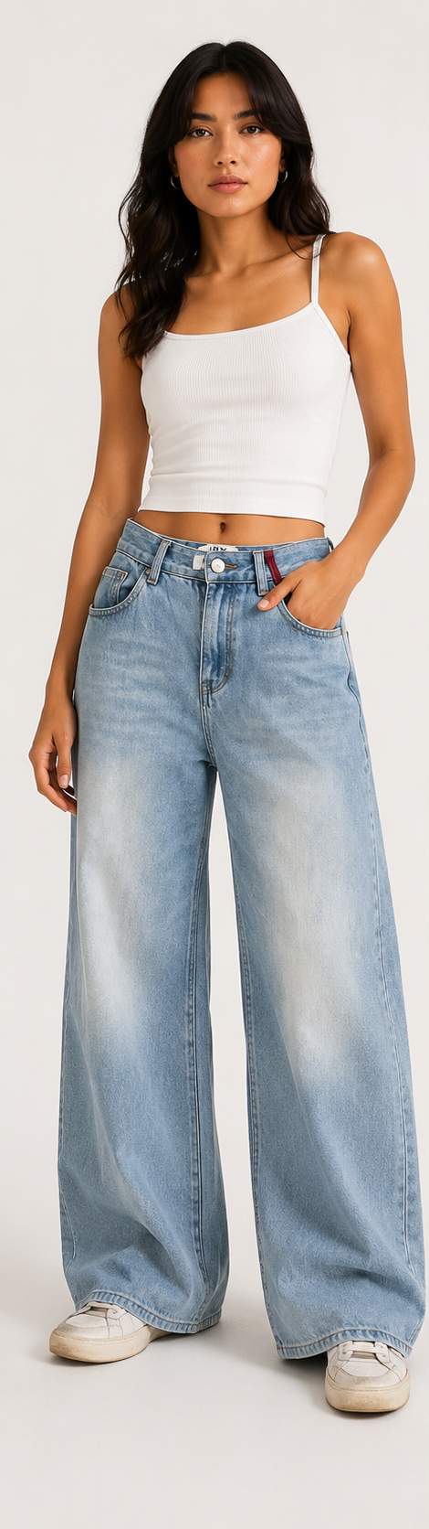 Women Monogram Pocket Light-Wash Baggy Jeans