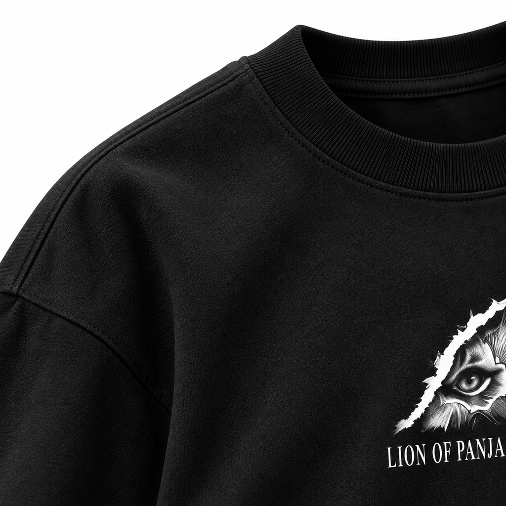 Lion of Panjab oversized T-shirt fabric and front print close-up