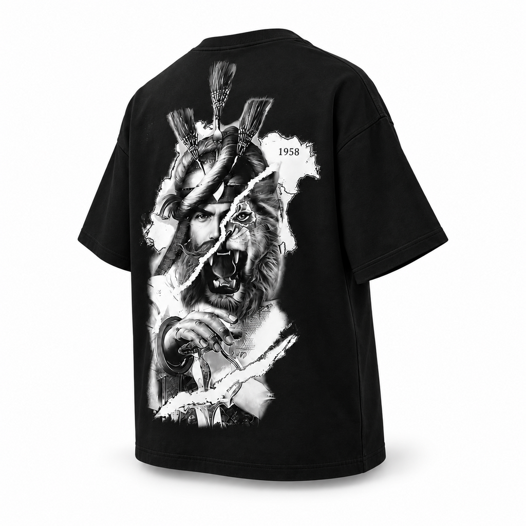 Lion of Panjab oversized black T-shirt three-quarter back view