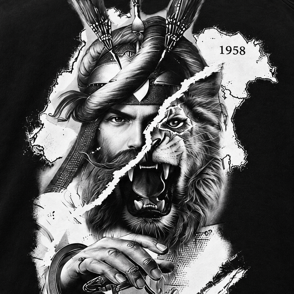Lion of Panjab warrior and lion back print close-up