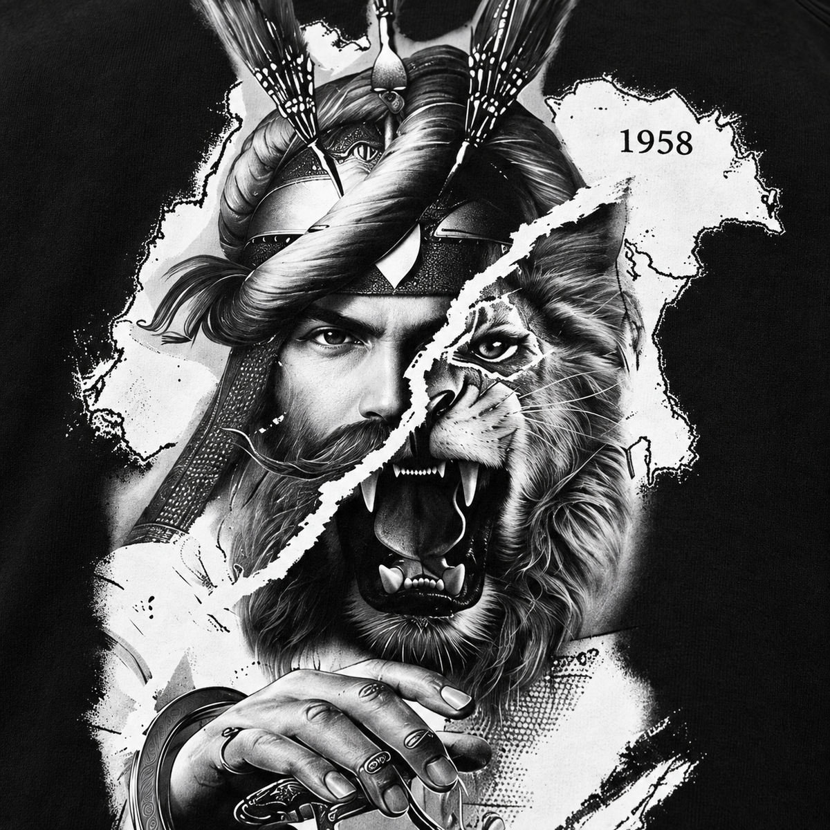 Lion of Panjab warrior and lion back print close-up