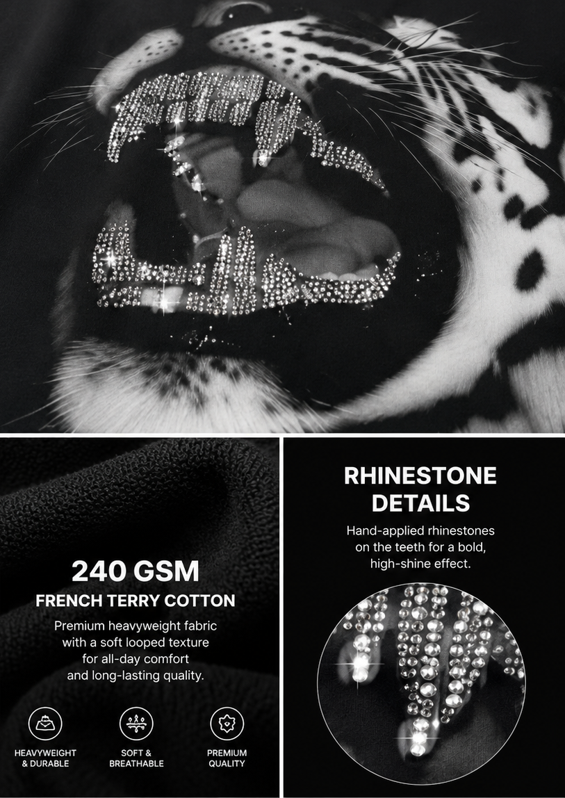 Rhinestone Tiger Graphic Oversized T-Shirt – Black