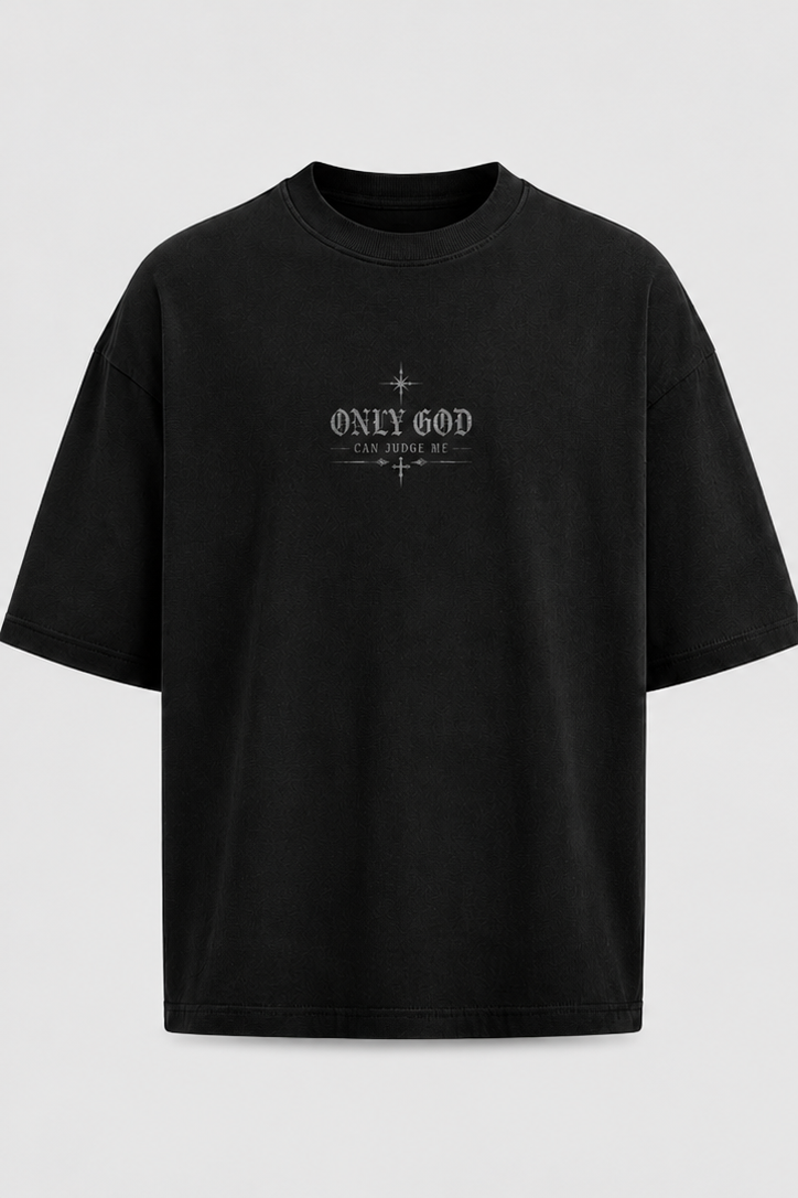A black short-sleeve crewneck t-shirt with a distressed white graphic on the chest reading 'ONLY GOD CAN SAVE ME' with a cross design, shown against a light gray background.