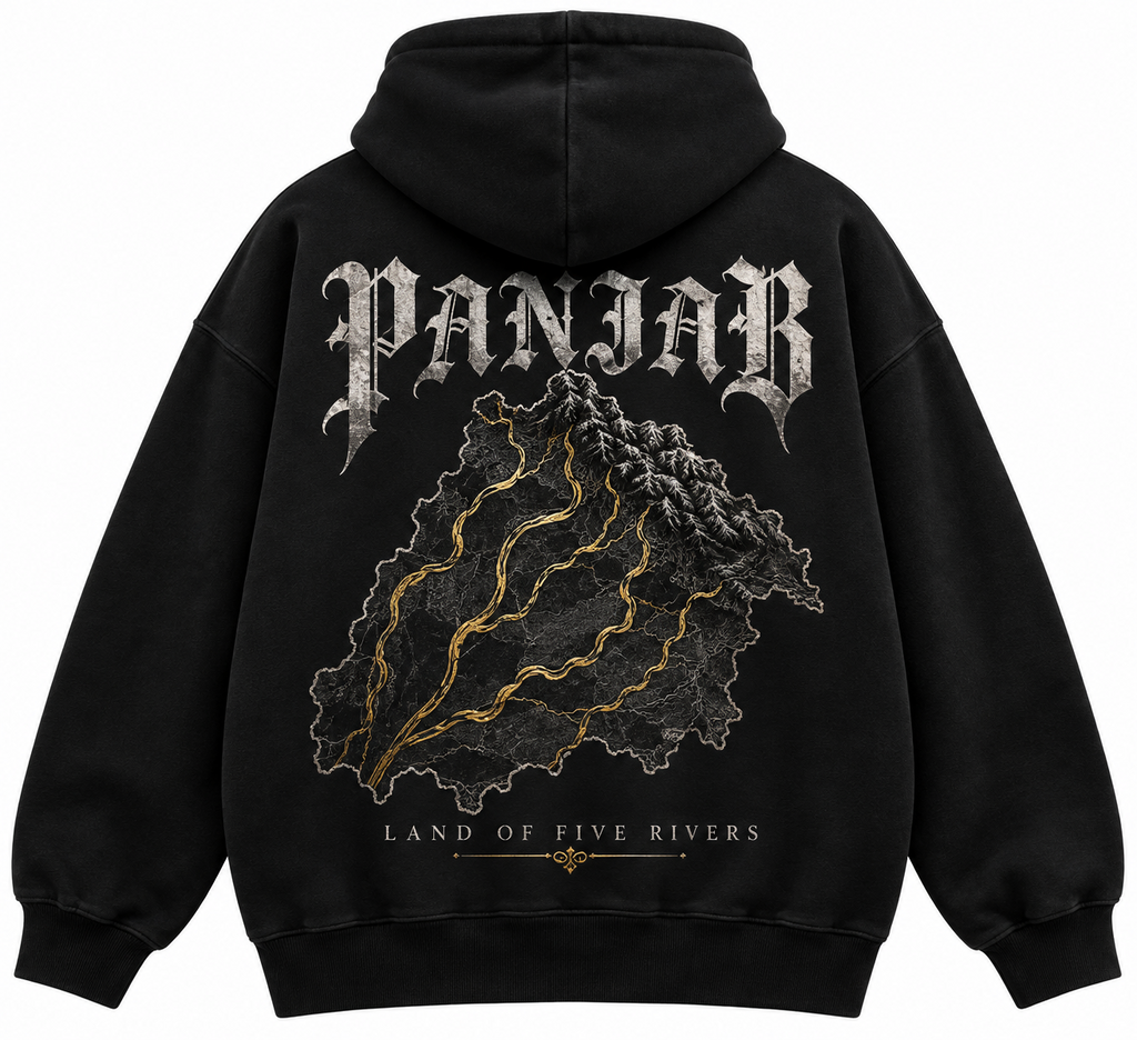 Black Panjab Land of Five Rivers hoodie back with heritage map and gold river artwork