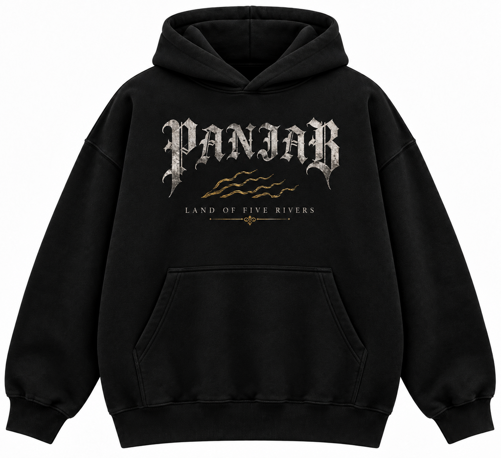 Black Panjab Land of Five Rivers hoodie front with gothic Panjab lettering