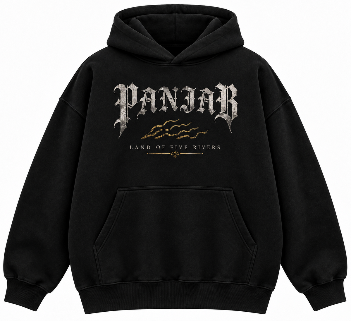 Black Panjab Land of Five Rivers hoodie front with gothic Panjab lettering