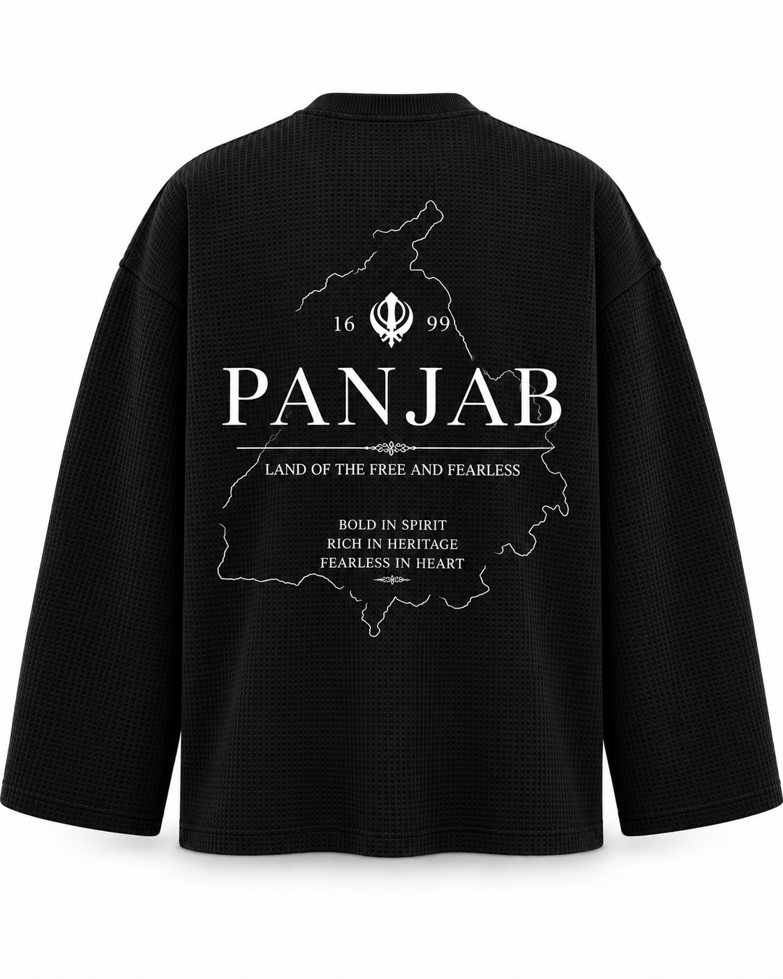 Panjab black waffle tee back with map Khanda and 1699 artwork