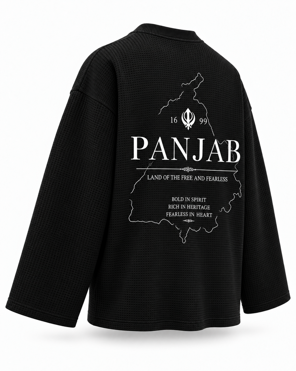 Panjab Free and Fearless black waffle tee rear three-quarter view