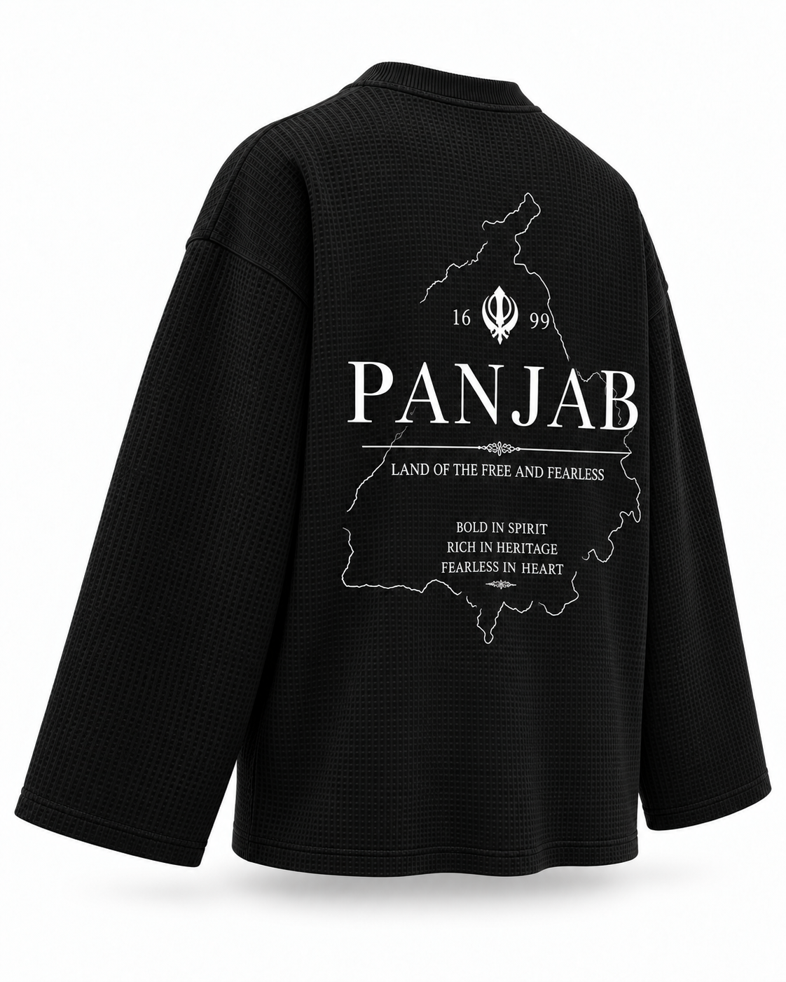 Panjab Free and Fearless black waffle tee rear three-quarter view