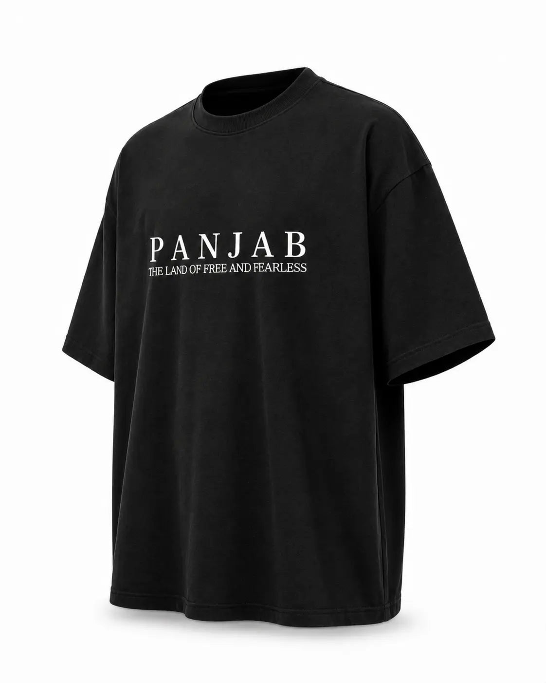 Panjab Land of the Free and Fearless oversized black T-shirt three-quarter view