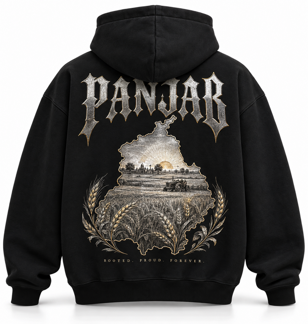 Black Panjab Rooted Proud Forever heritage hoodie back with silver and gold artwork