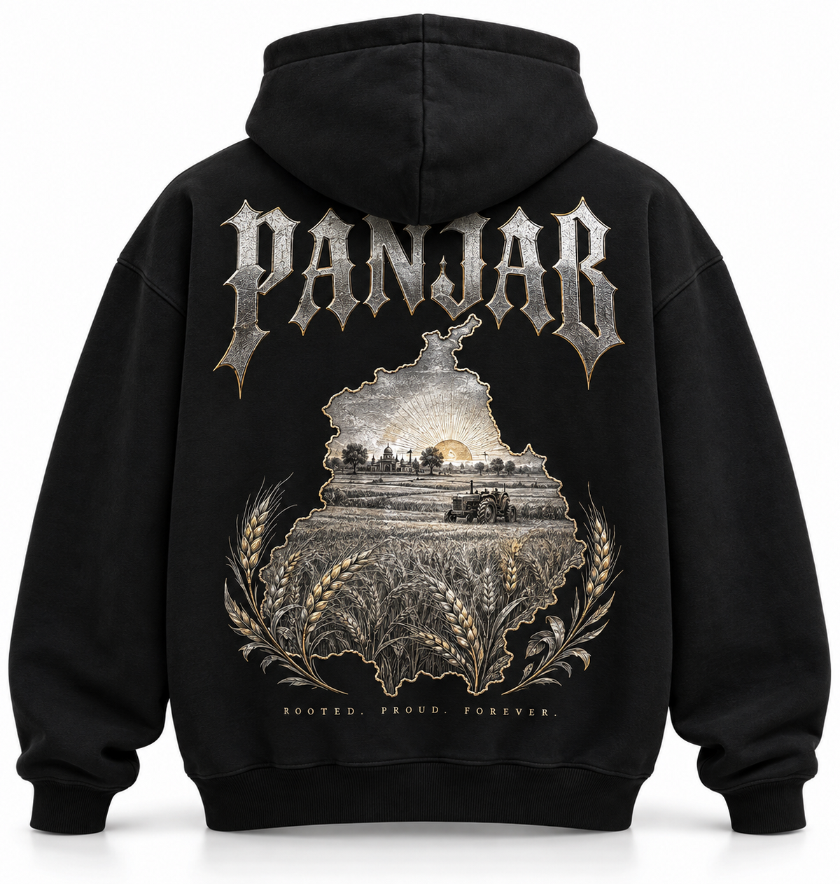 Black Panjab Rooted Proud Forever heritage hoodie back with silver and gold artwork