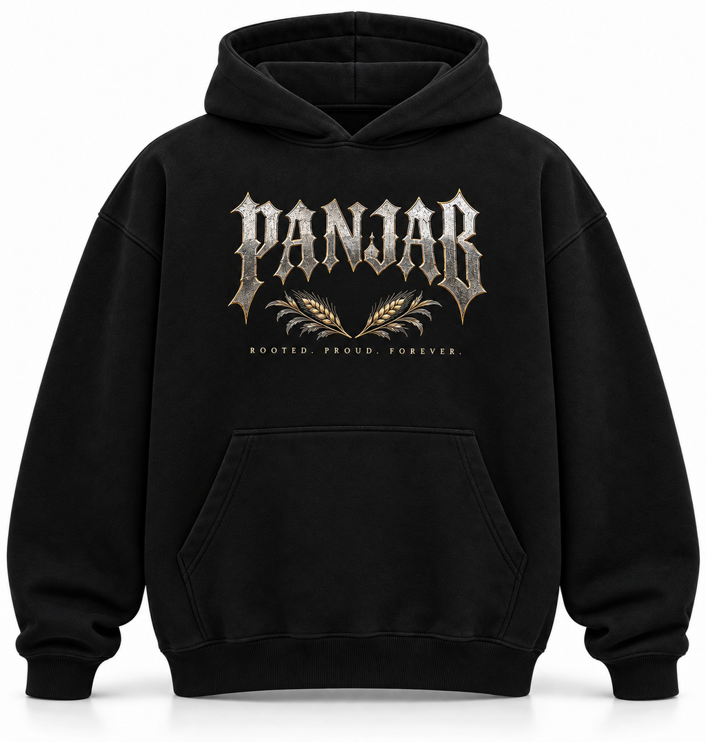 Black Panjab Rooted Proud Forever heritage hoodie front with silver and gold artwork