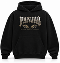 Black Panjab Rooted Proud Forever heritage hoodie front with silver and gold artwork