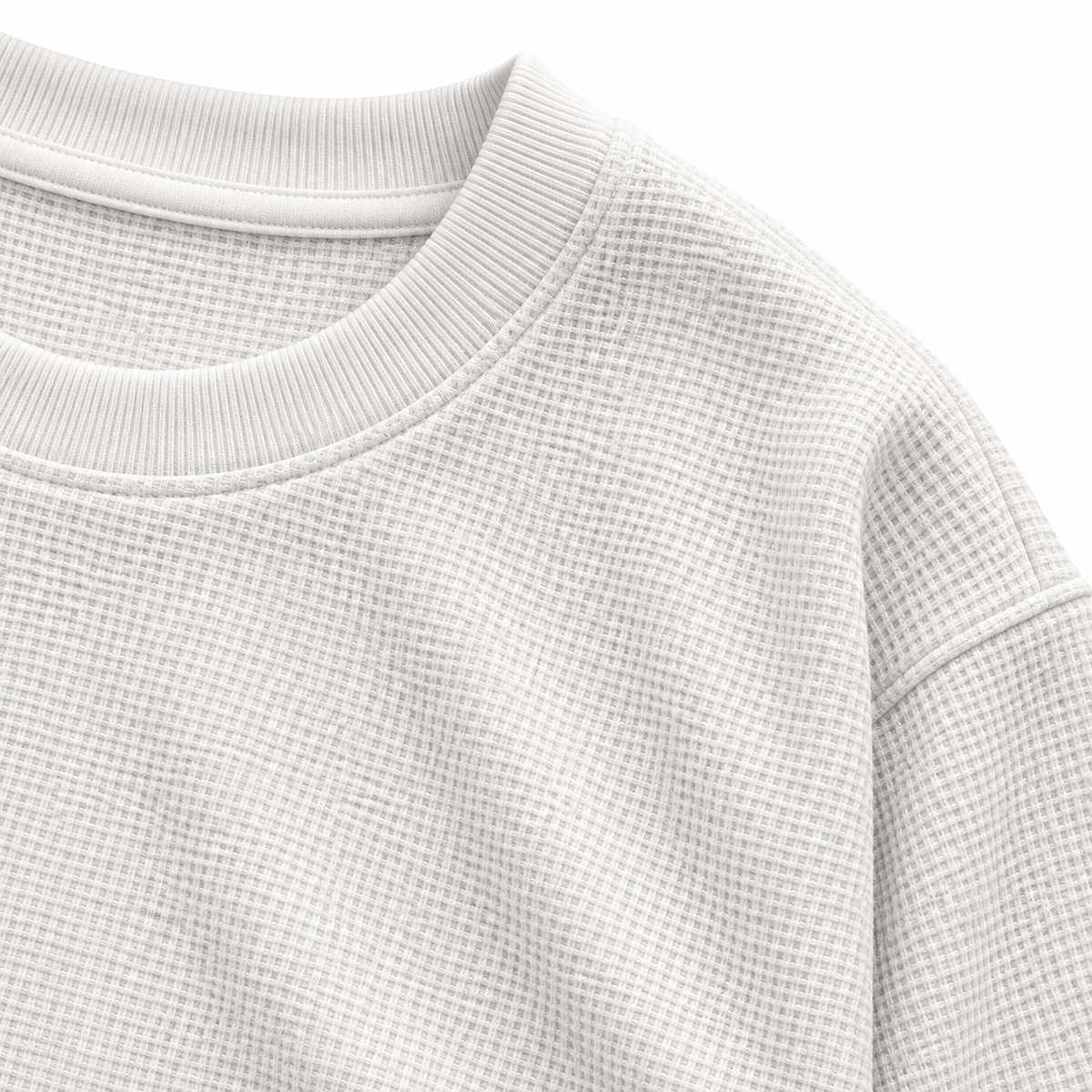 White waffle knit T-shirt ribbed collar and fabric close-up