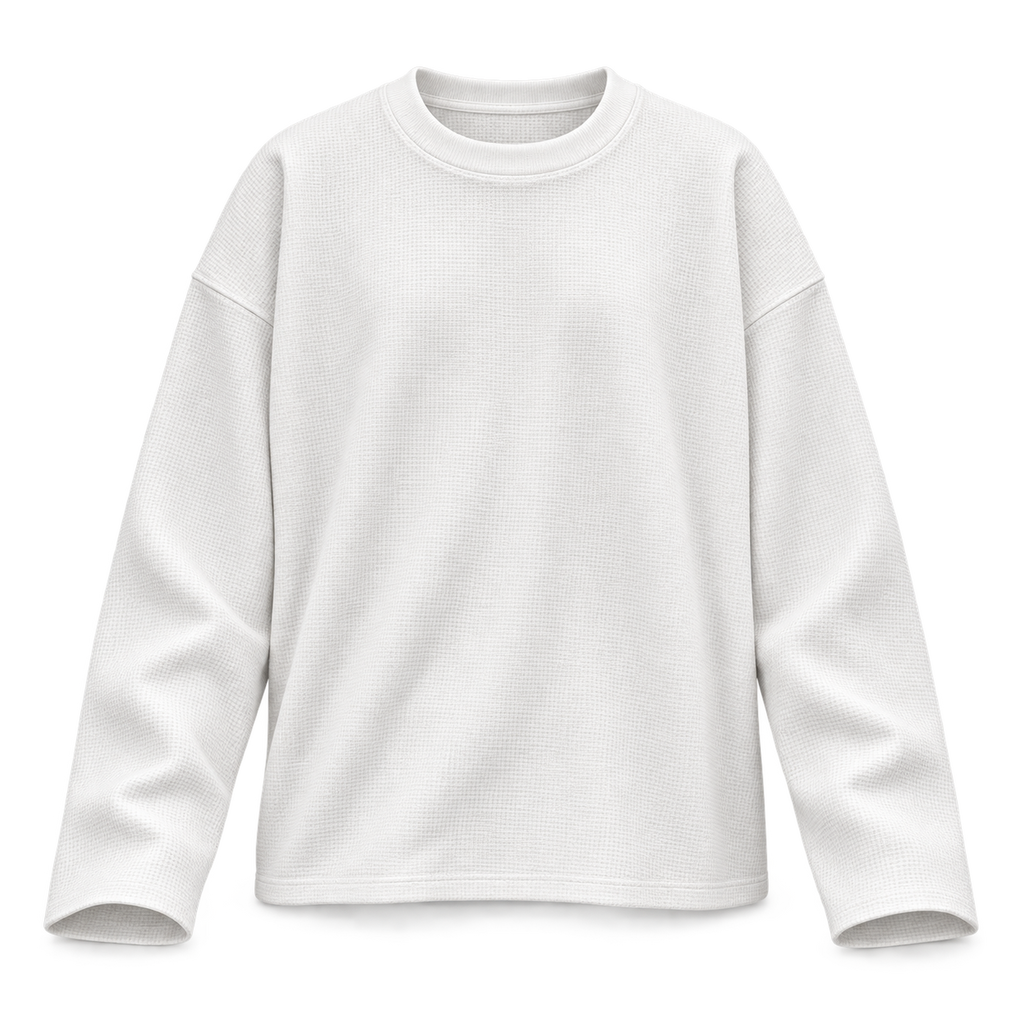 Plain white waffle knit boxy full sleeve T-shirt front view