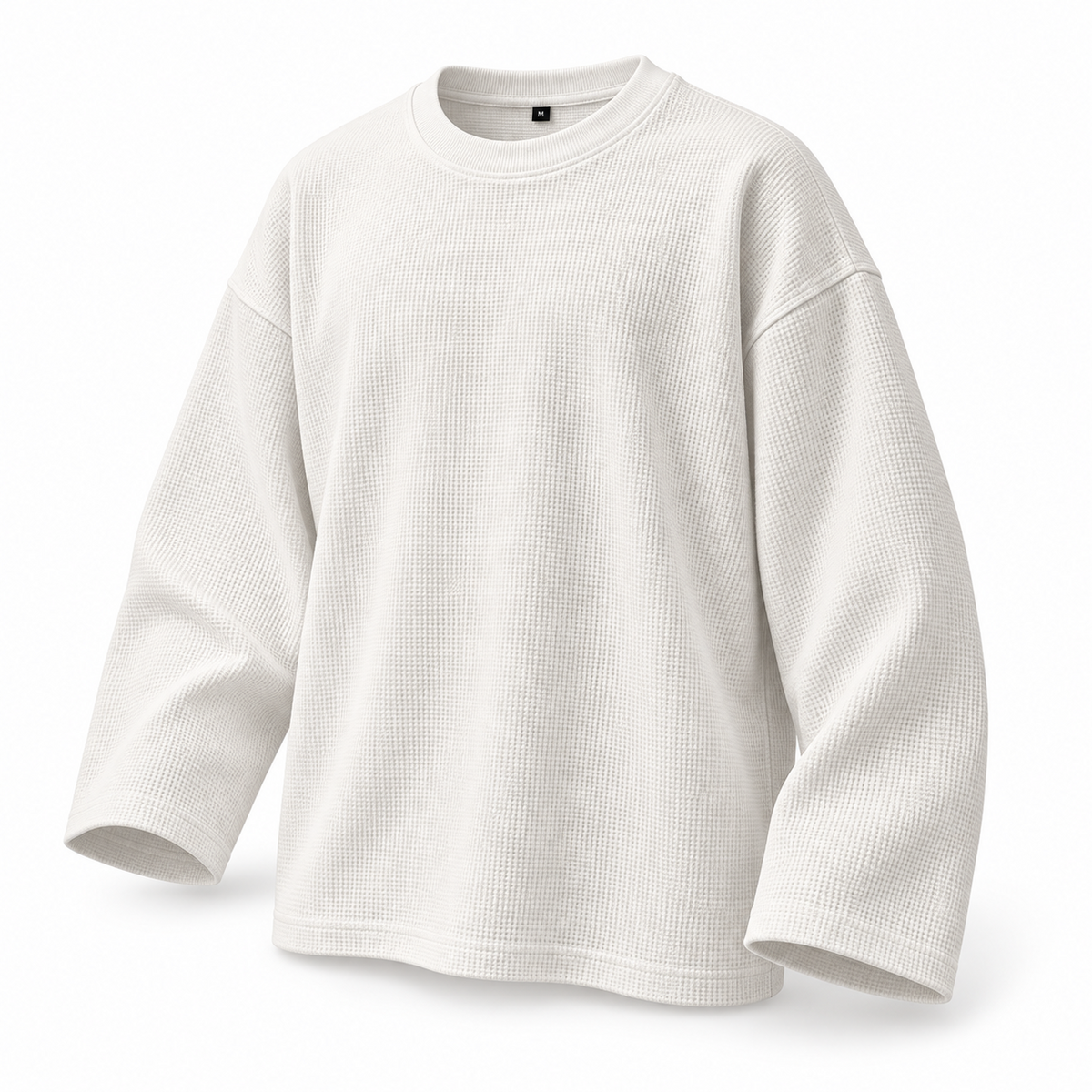 Plain white waffle knit boxy full sleeve T-shirt three-quarter view