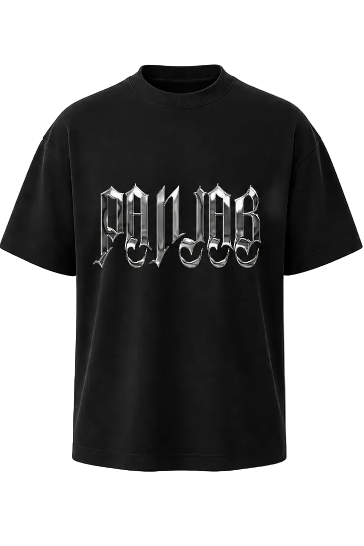 A black short-sleeve t-shirt with a large, stylized metallic silver 'PANJAB' logo printed across the chest, displayed on a clean white background.