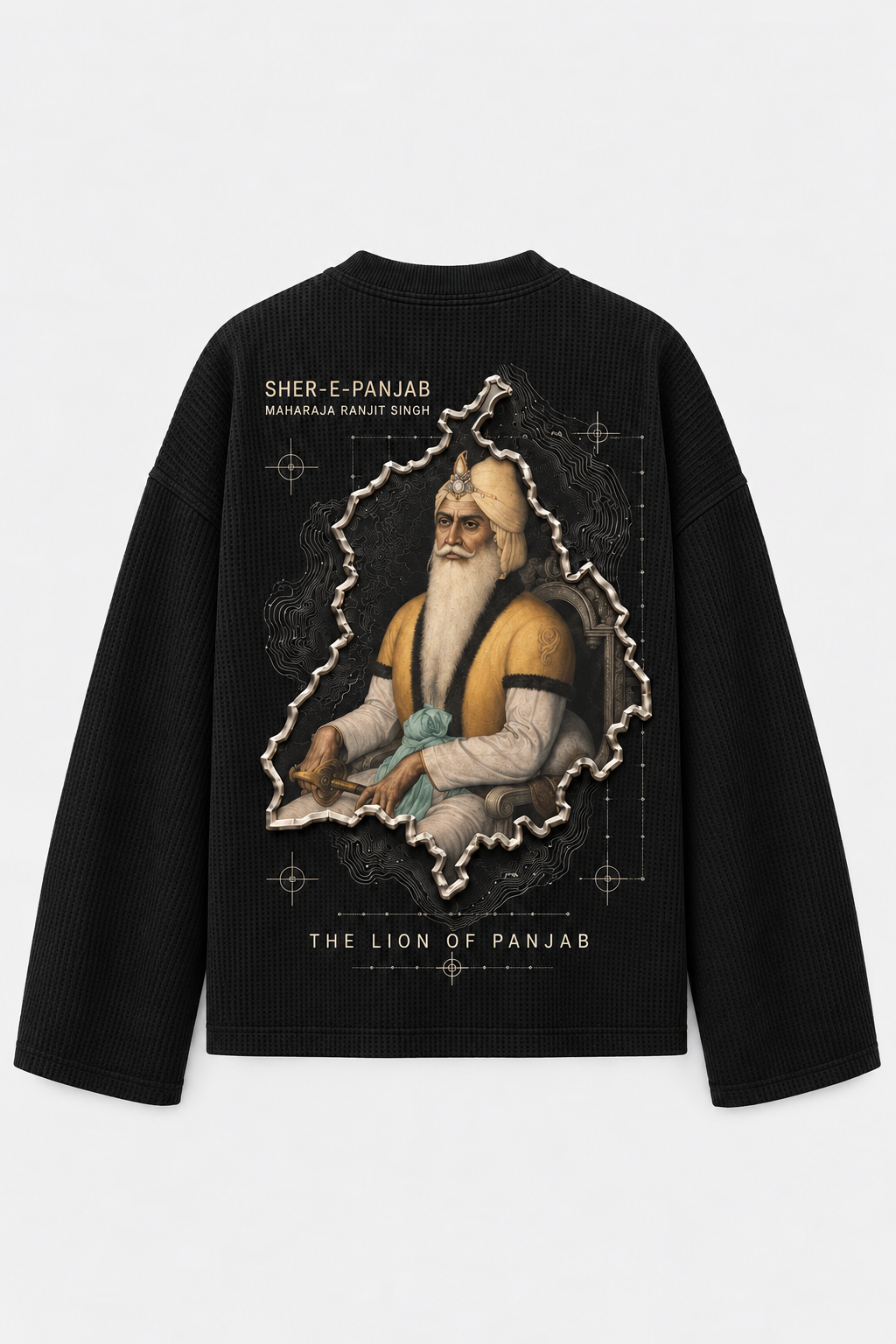 Black Sher-E-Panjab waffle tee back with Maharaja Ranjit Singh portrait and Panjab map