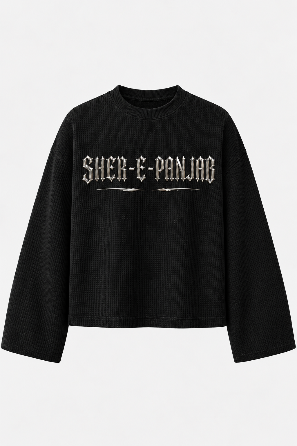 Sher-E-Panjab black waffle knit full sleeve tee front