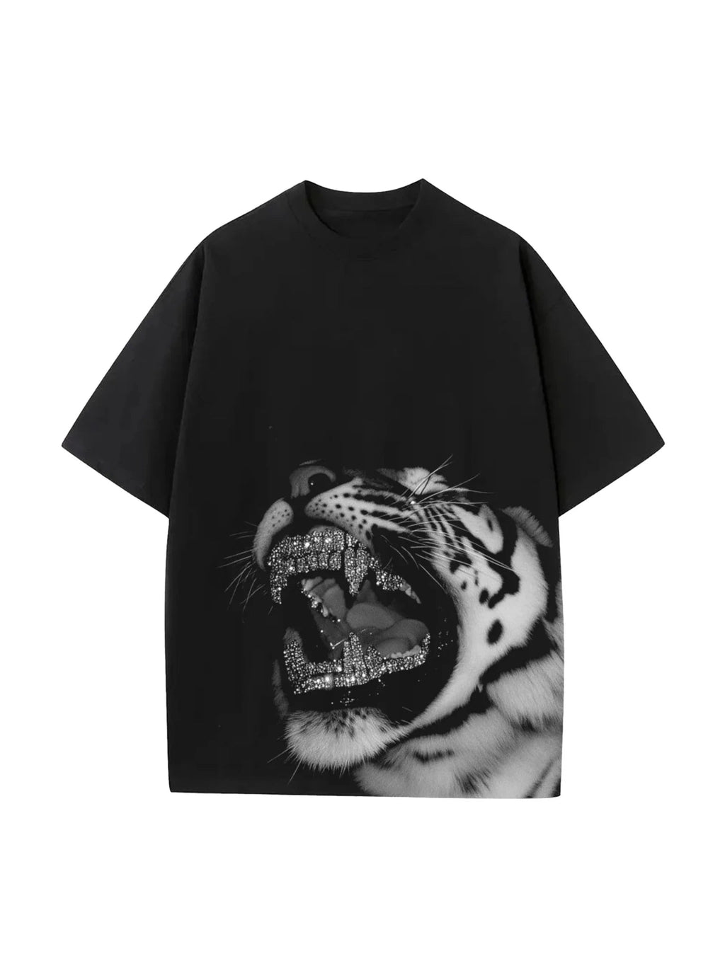 Black t-shirt with a tiger graphic design on a white background